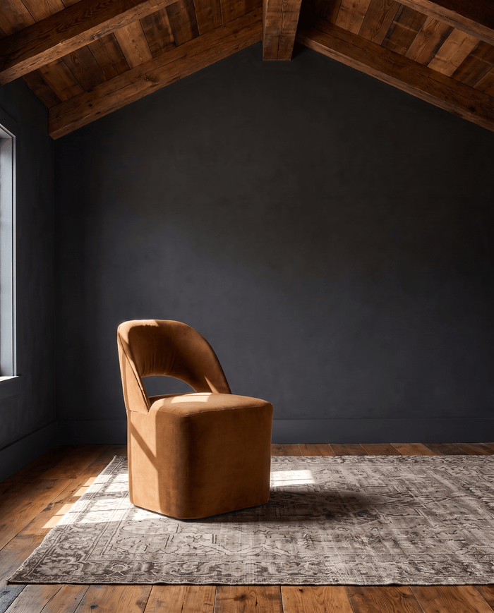 dining room custom furniture modern mountain velvet dining chair Hello Norden - Lynx Dining Chair in Banks Eco-Performance Velvet in Yam, shown in a rustic modern room