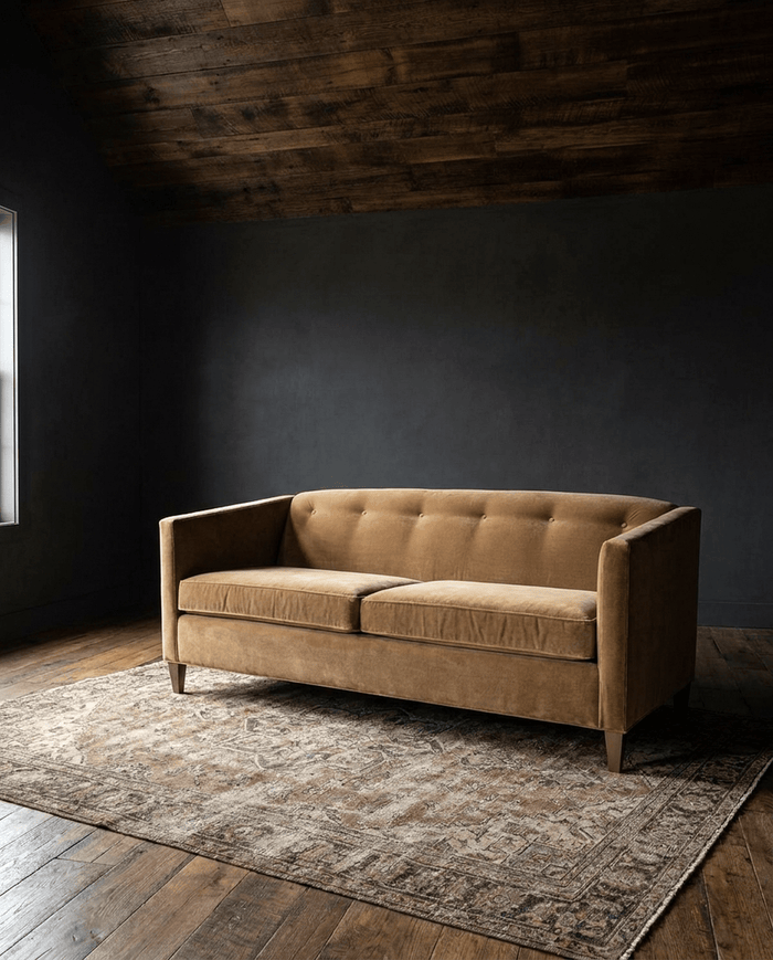 living room custom furniture modern mountain velvet sofa Hello Norden - Mali Sofa (Multiple Sizes) in Banks Velvet - Tobacco, shown in a rustic modern room