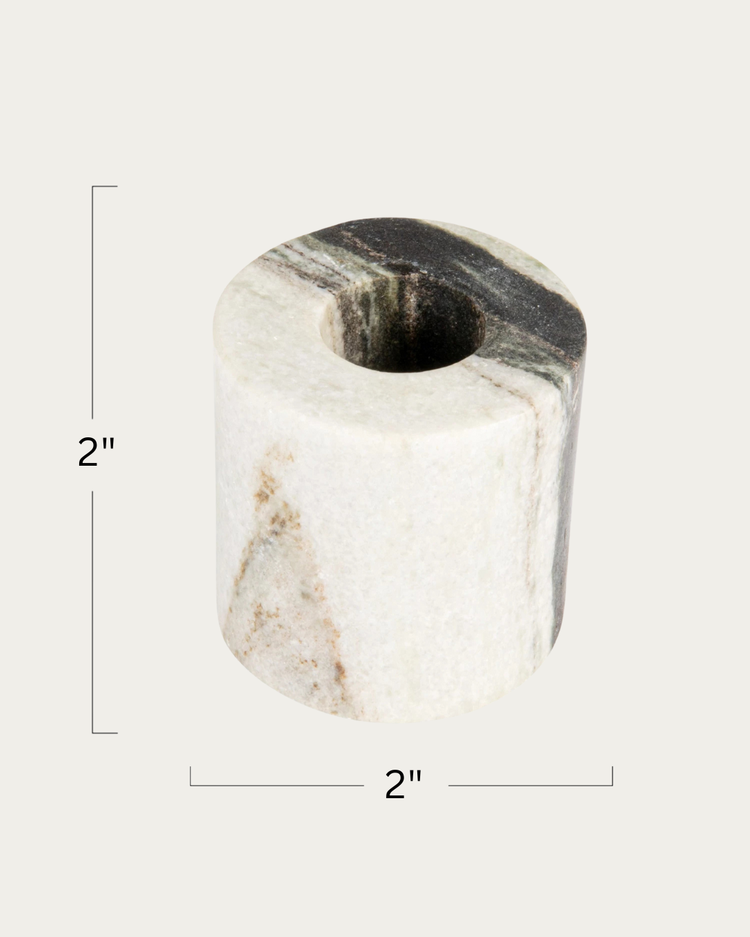 Marble candle holder with dimensions on a white background
