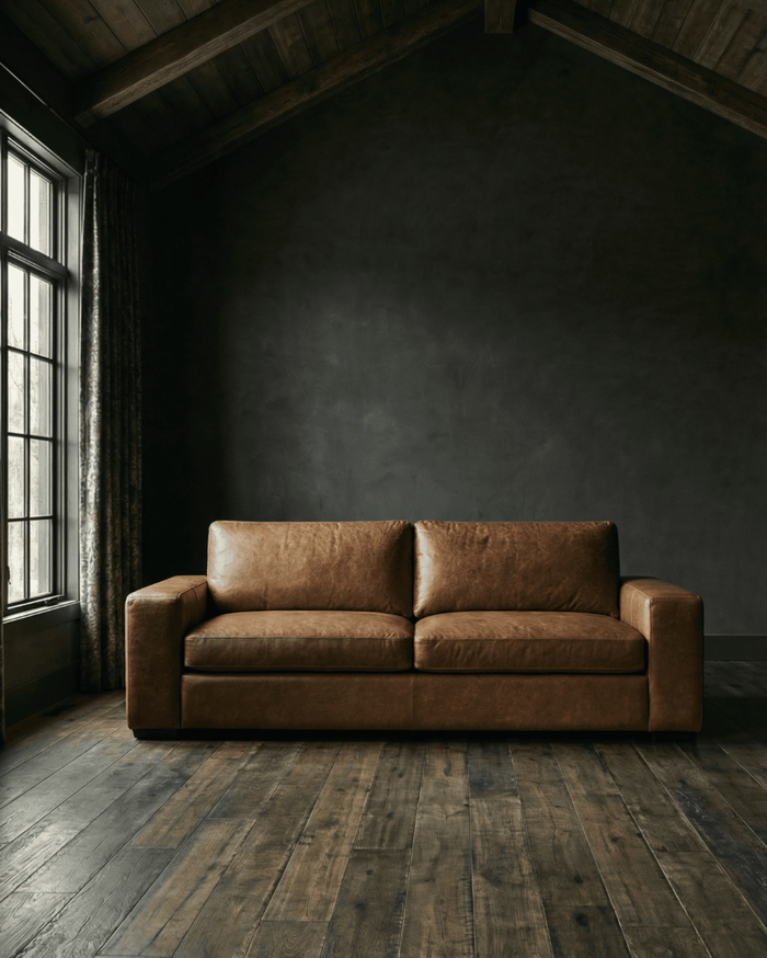caramel tan brown leather couch sofa made to order custom USA RH restoration hardware maxwell  Hello Norden