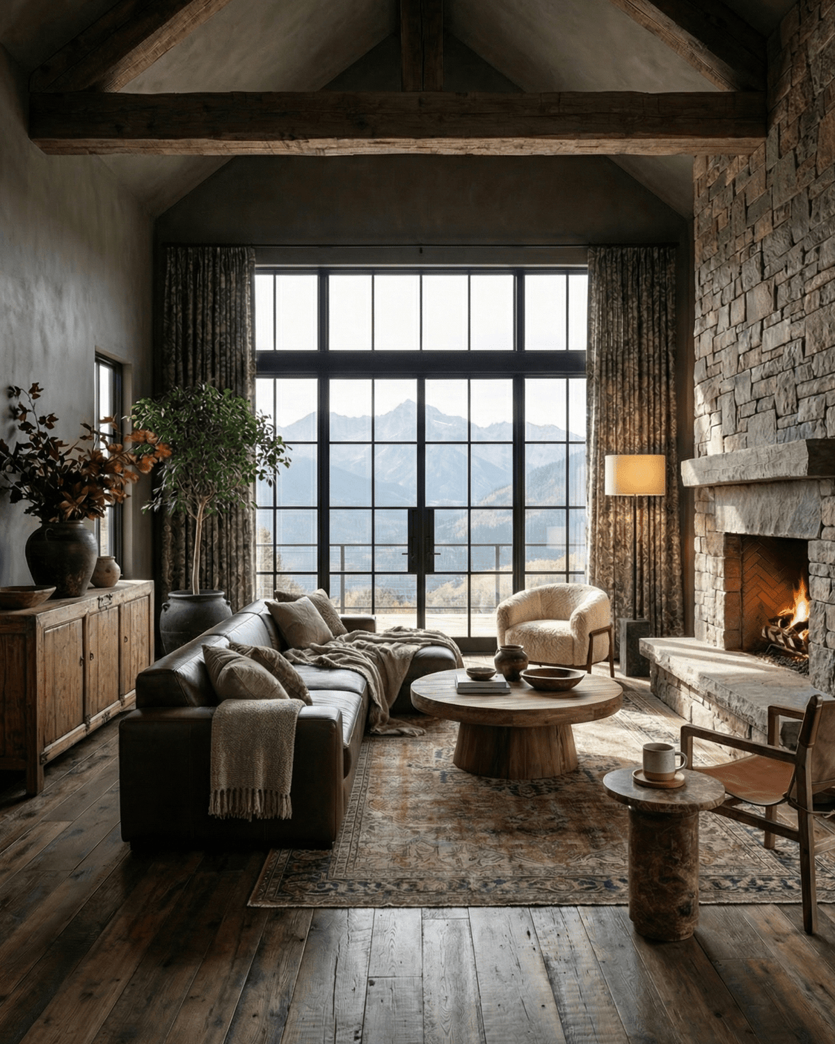 modern mountain living room vaulted ceilings furniture reclaimed wood faux fur chair Hello Norden
