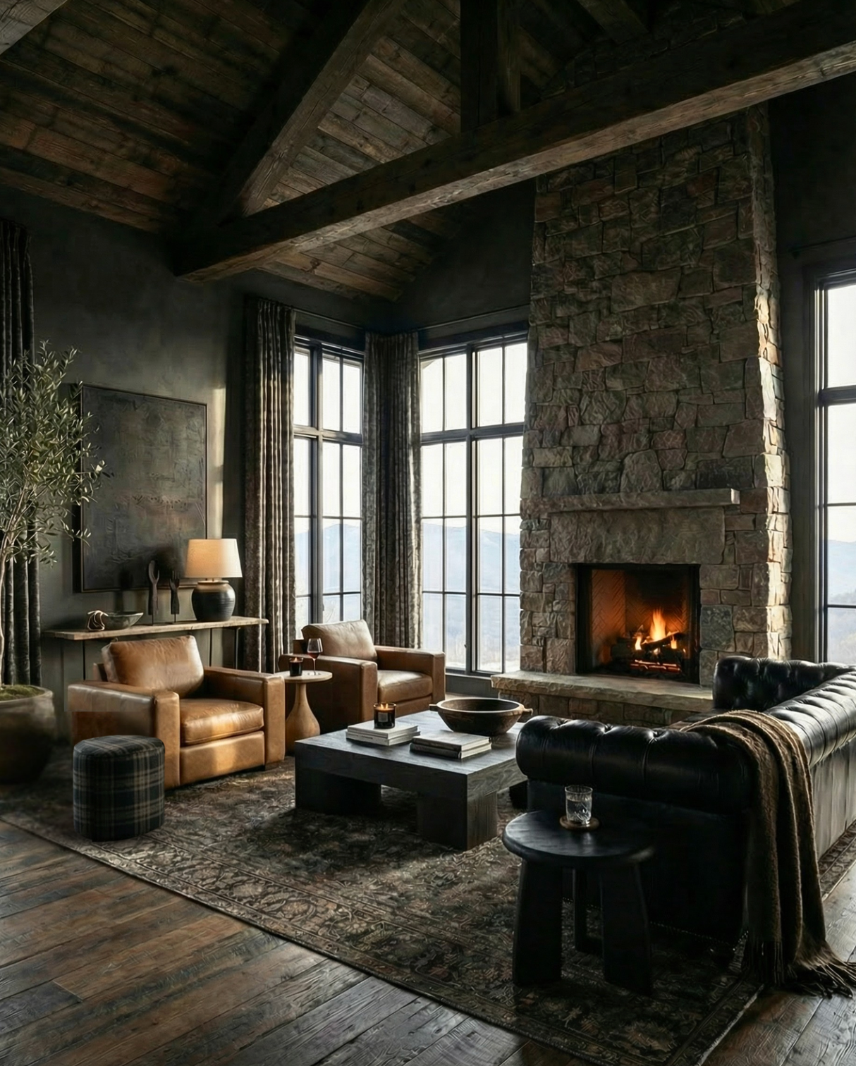 modern mountain living room maxim custom furniture leather lounge chair farmhouse Hello Norden black chesterfield couch sofa RH Maxwell