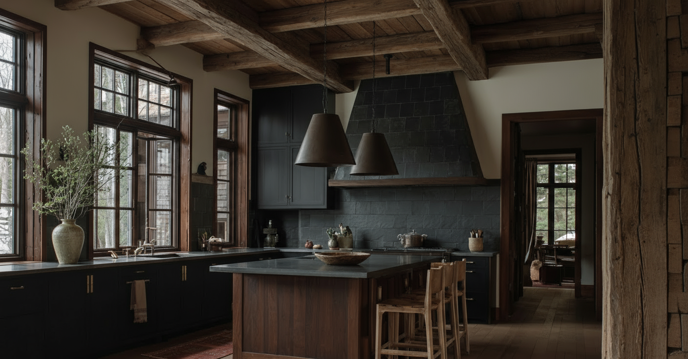 moody modern rustic black kitchen with dark brown cabinets and a huge center island beamed ceiling Hello Norden
