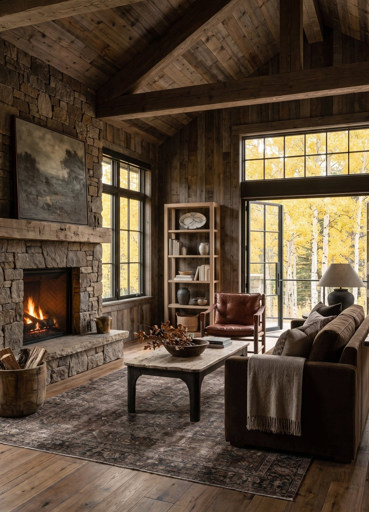 A rustic, cozy living room with a stone fireplace, wood-paneled walls, large windows with fall foliage outside, a brown sofa, a leather armchair, and a patterned area rug.