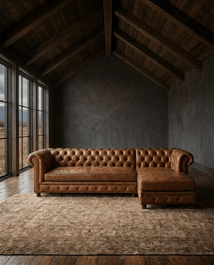 living room furniture modern mountain sofa with chaise end Hello Norden - Norden Chesterfield Sectional with Chaise, styled in a modern rustic room