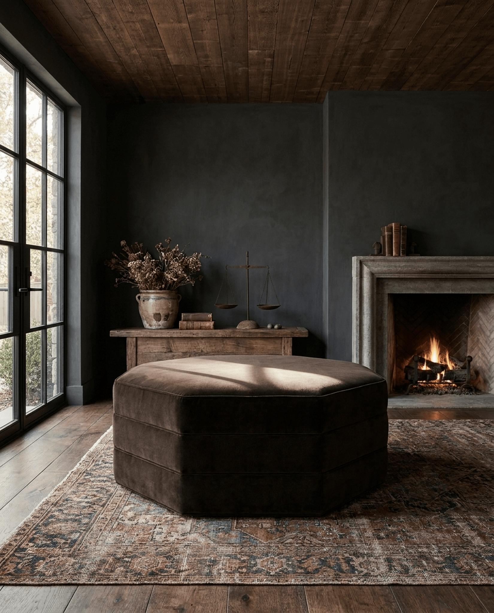 modern mountain Oddmund Ottoman Hello Norden, shown in a rustic modern room