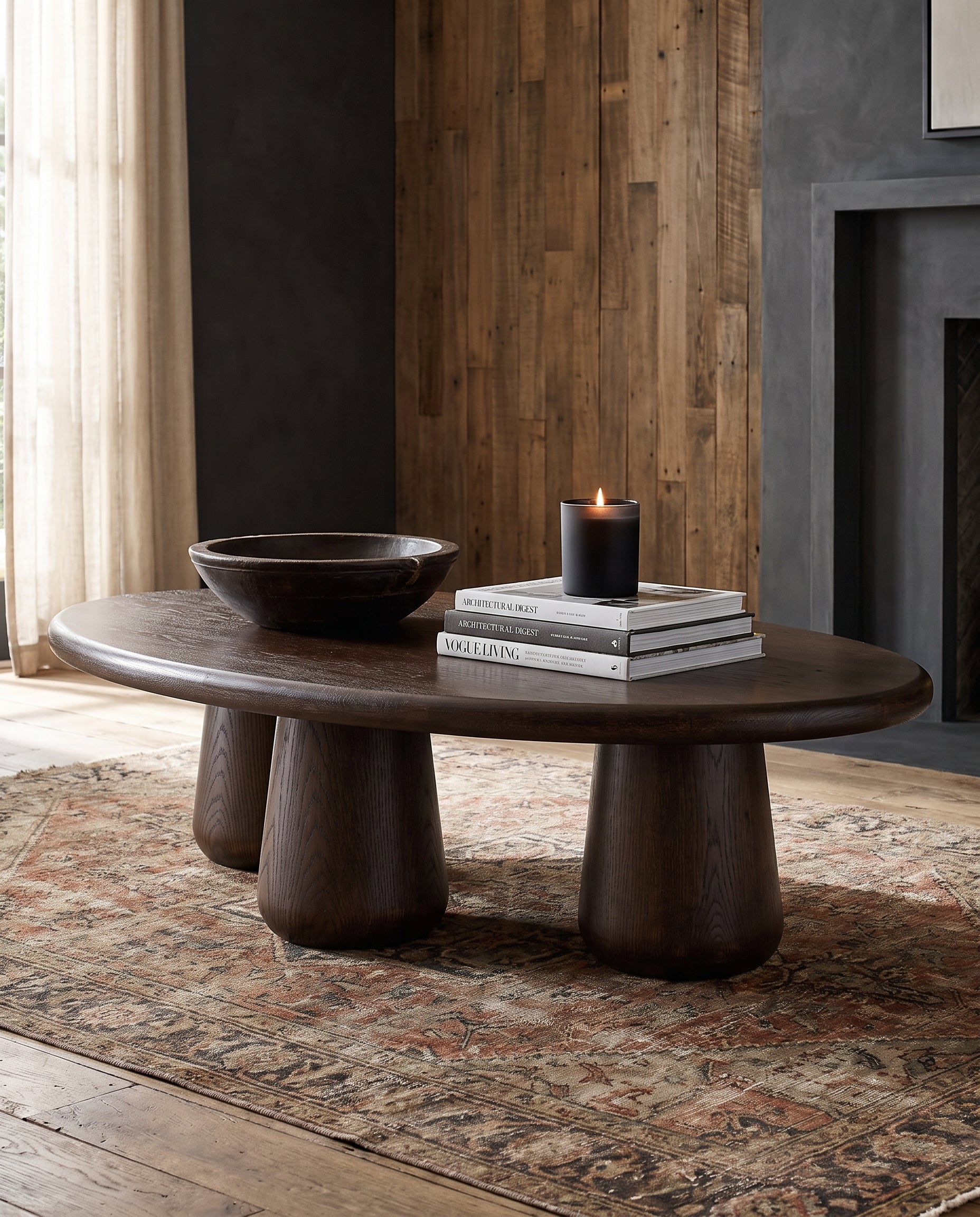 living room furniture modern mountain top edge frame and base: solid oak coffee table Hello Norden - Petter Coffee Table Dark, styled in a modern rustic room