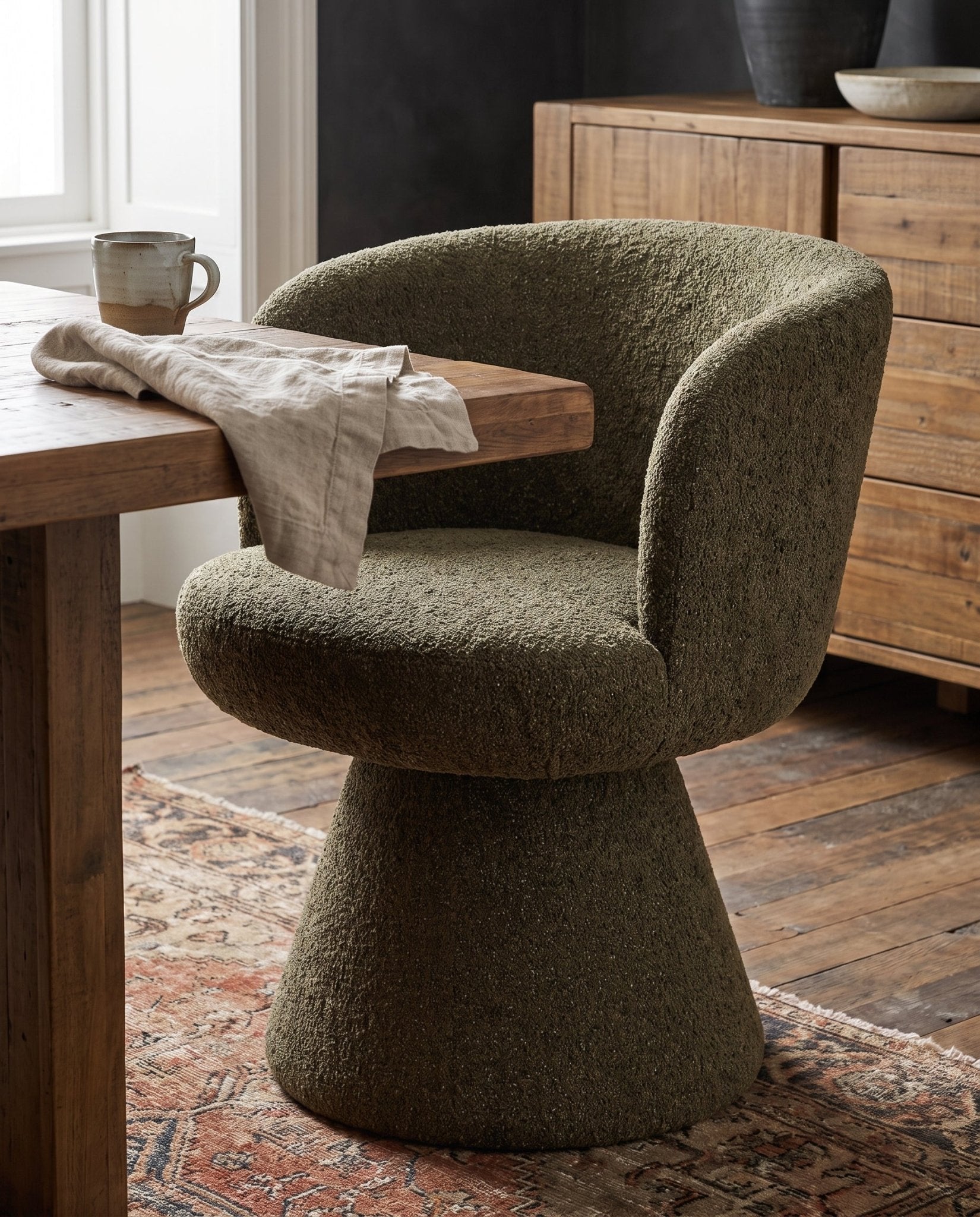 dining room furniture modern mountain woven chenille fabric dining chair Hello Norden - Ragna Swivel Dining Chair, styled in a modern rustic room