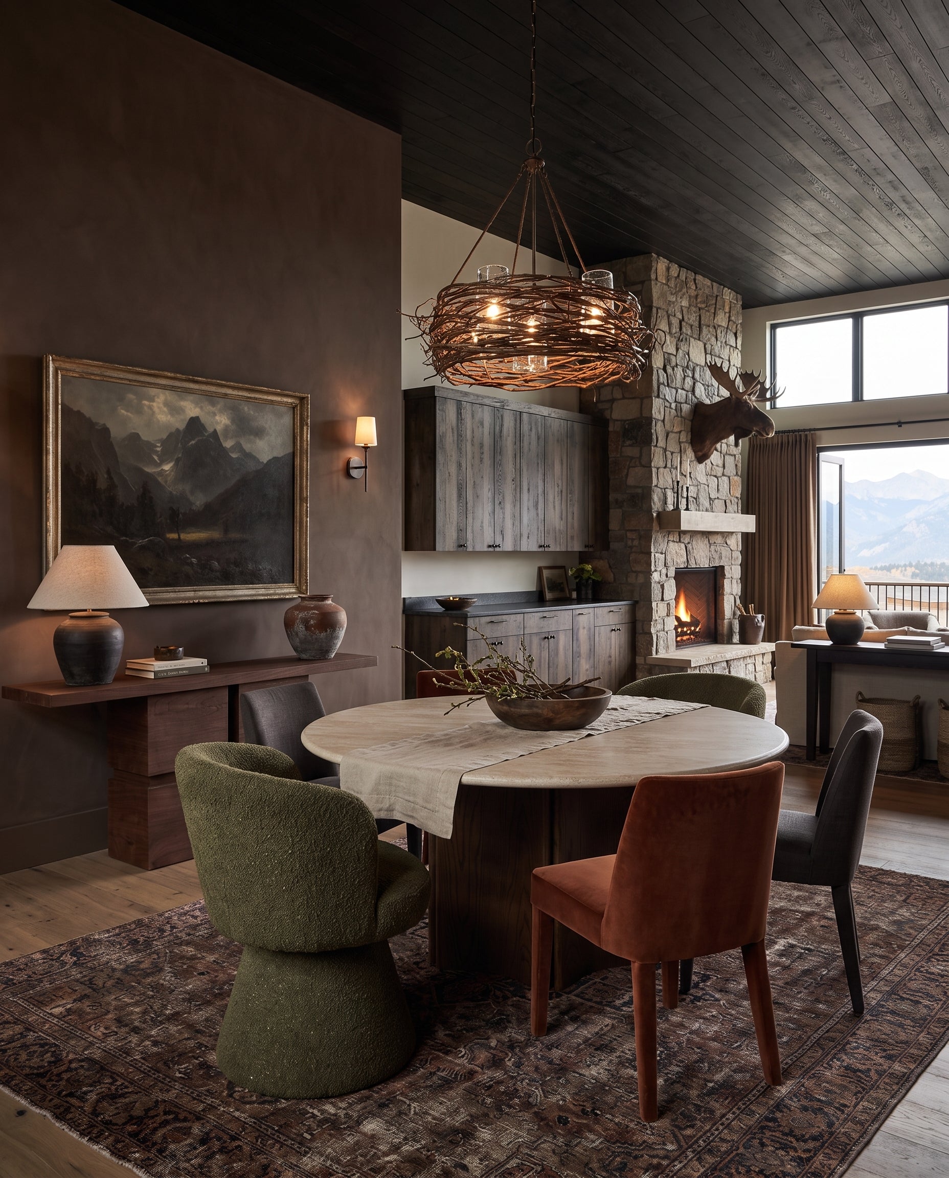 modern mountain Ragna Swivel Dining Chair Hello Norden, shown in a rustic modern room