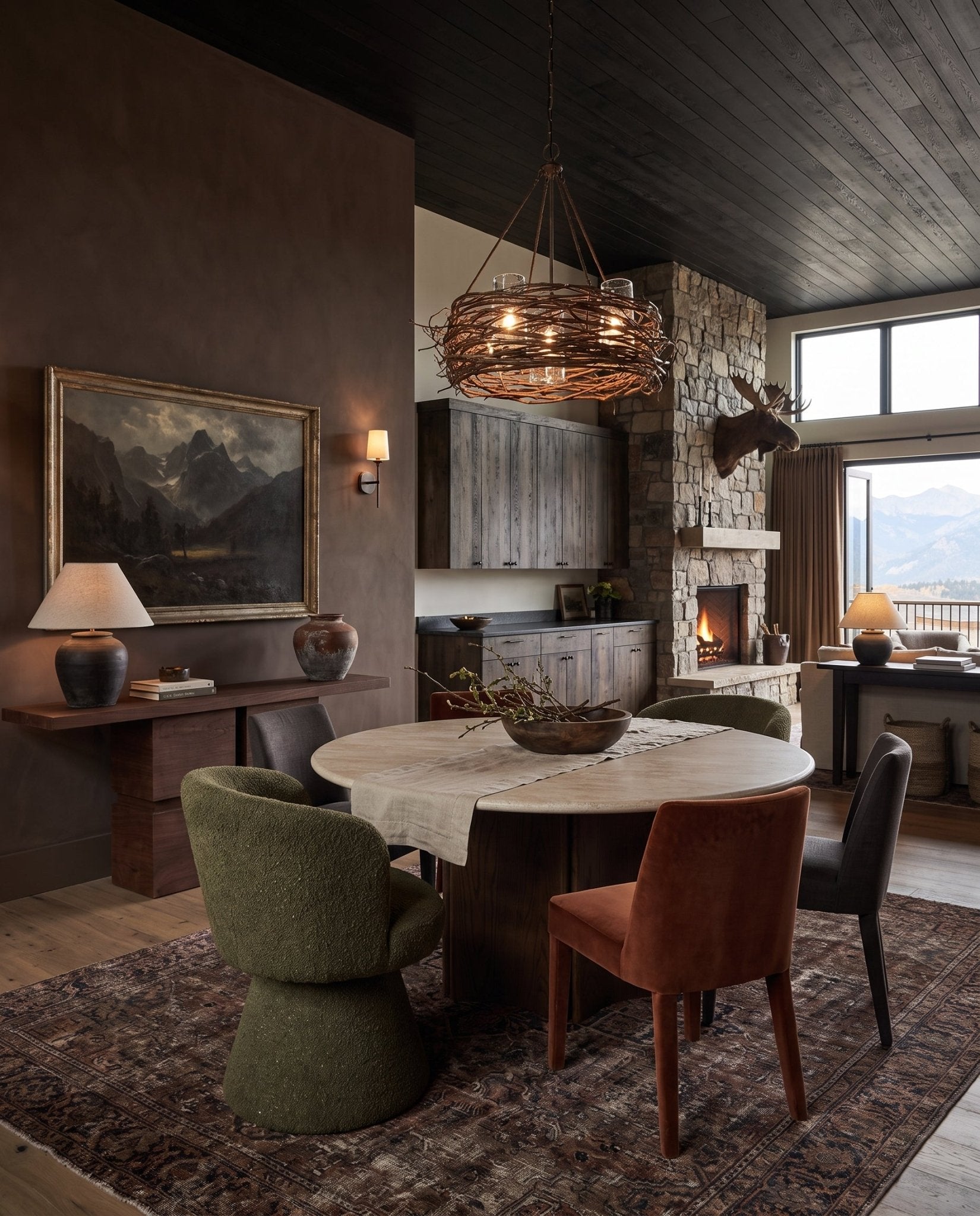 modern mountain Ragna Swivel Dining Chair Hello Norden, shown in a rustic modern room