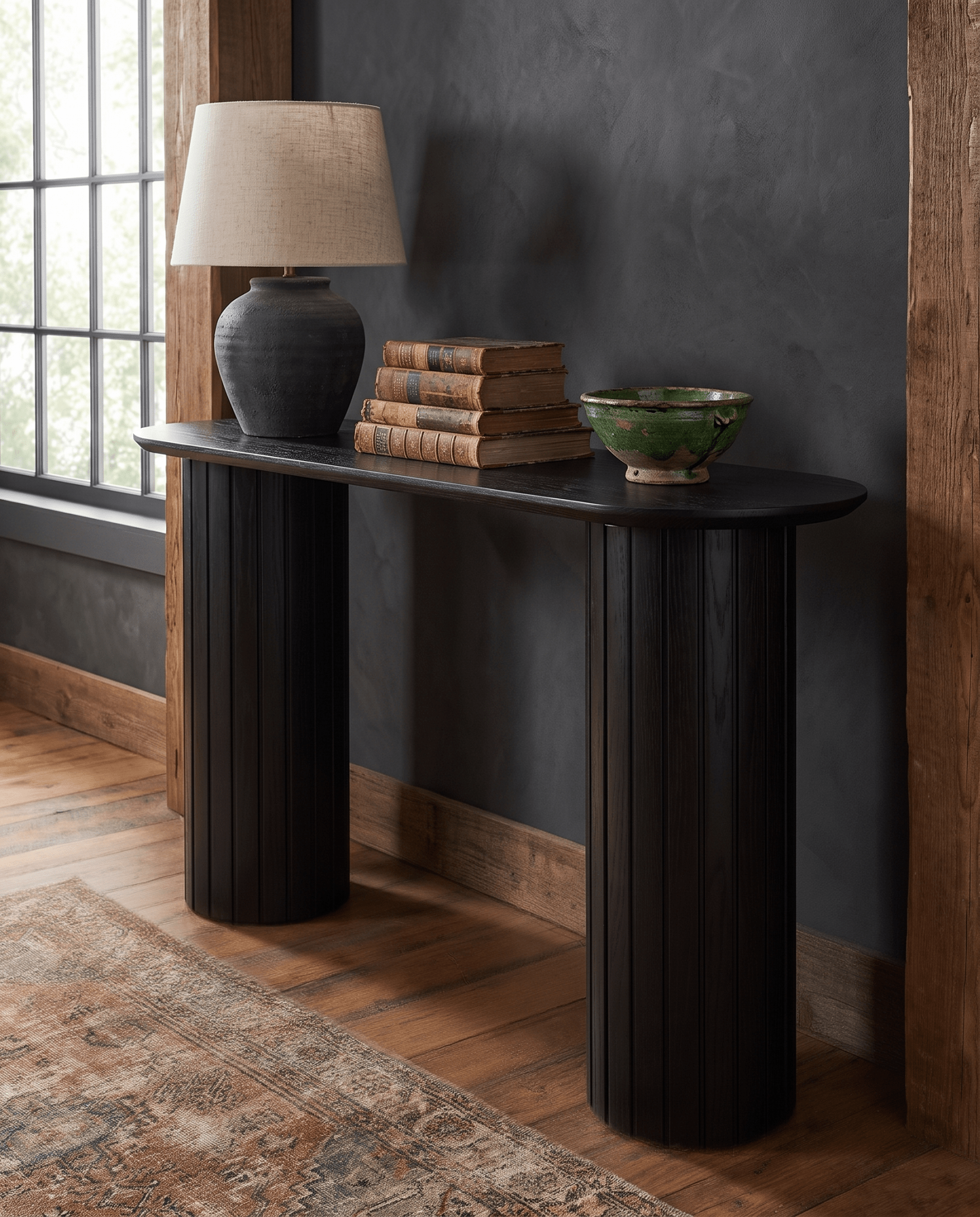 living room furniture modern mountain console Hello Norden - Rayna Column Console Table, styled in a modern rustic room