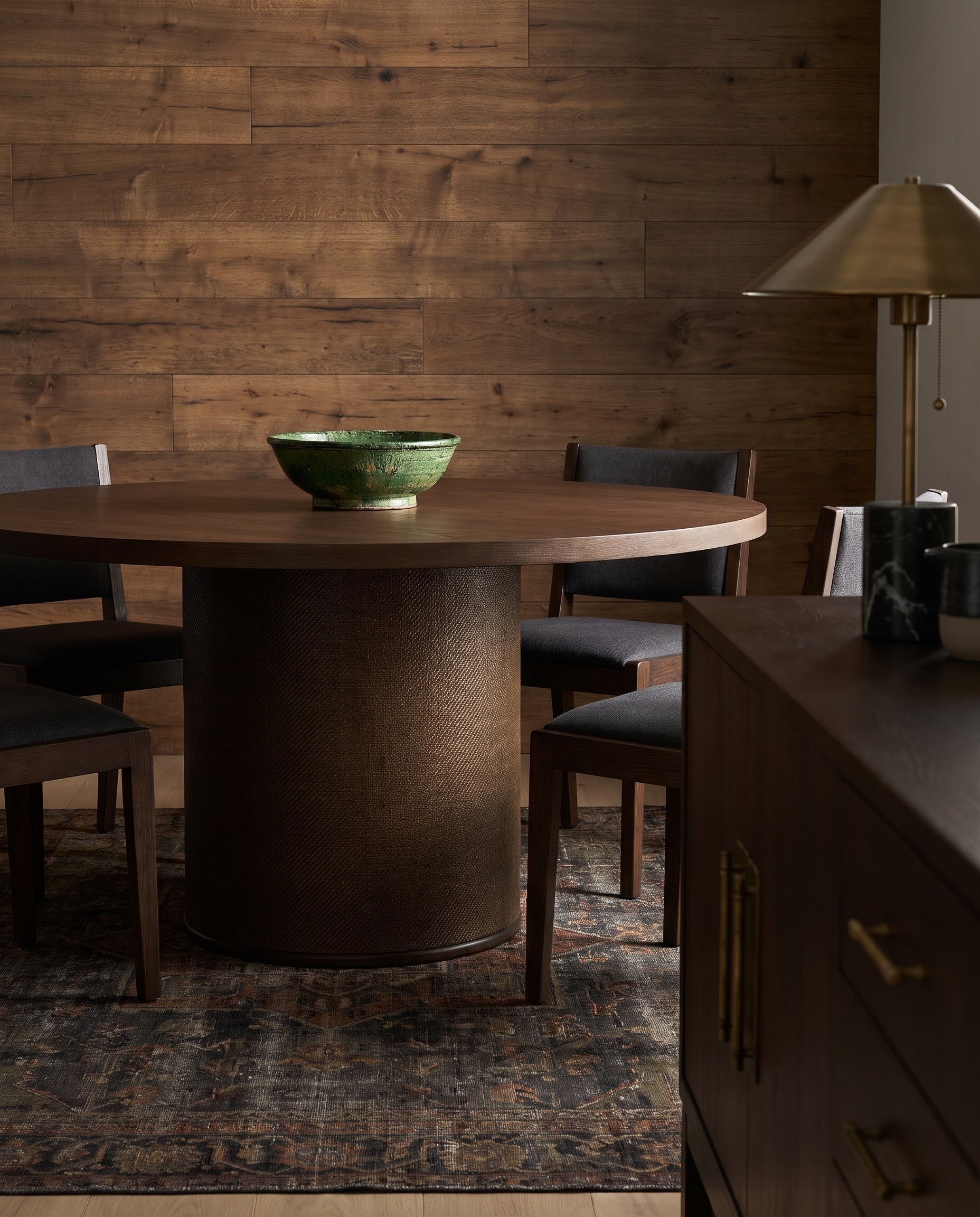 dining room furniture modern mountain top: oak veneer over engineered wood dining table Hello Norden - Tor Round Dining Table Dark, styled in a modern rustic room