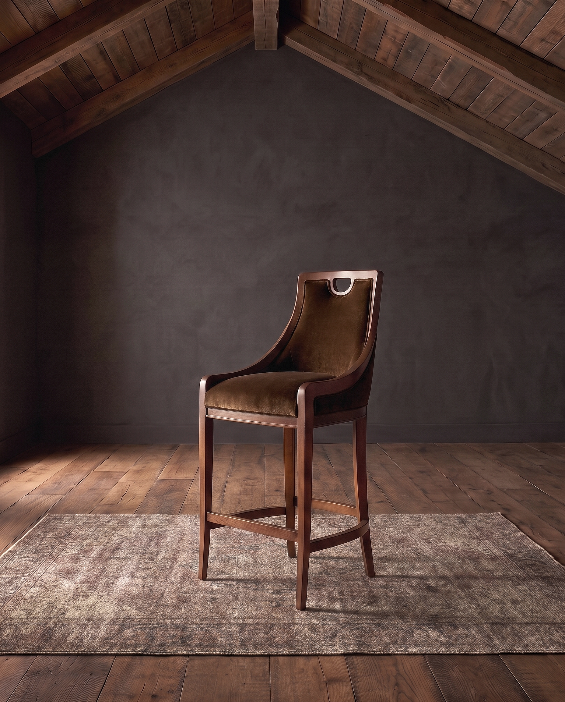 living room custom furniture modern mountain velvet bar stool Hello Norden - Rurik Bar Stool in Banks Eco-Performance Velvet in Cognac, shown in a rustic modern room