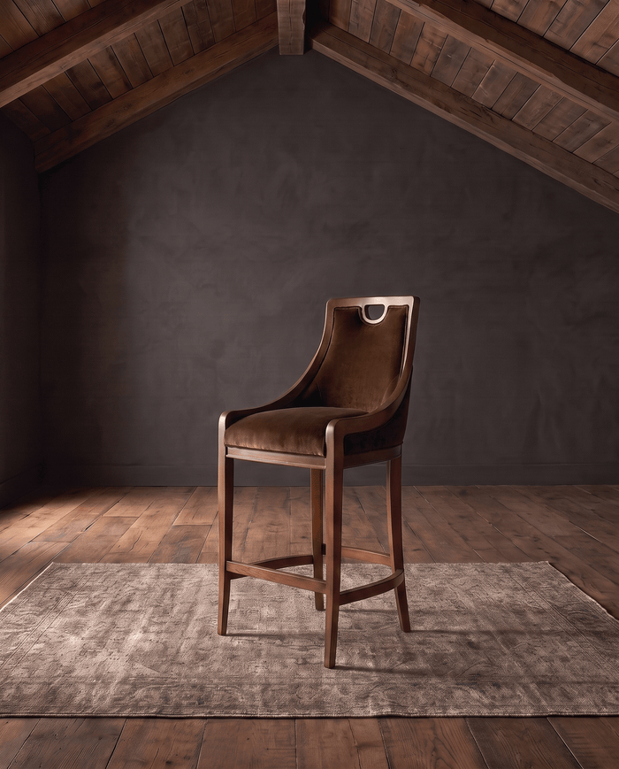 living room custom furniture modern mountain velvet bar stool Hello Norden - Rurik Bar Stool in Banks Eco-Performance Velvet in Cognac, shown in a rustic modern room