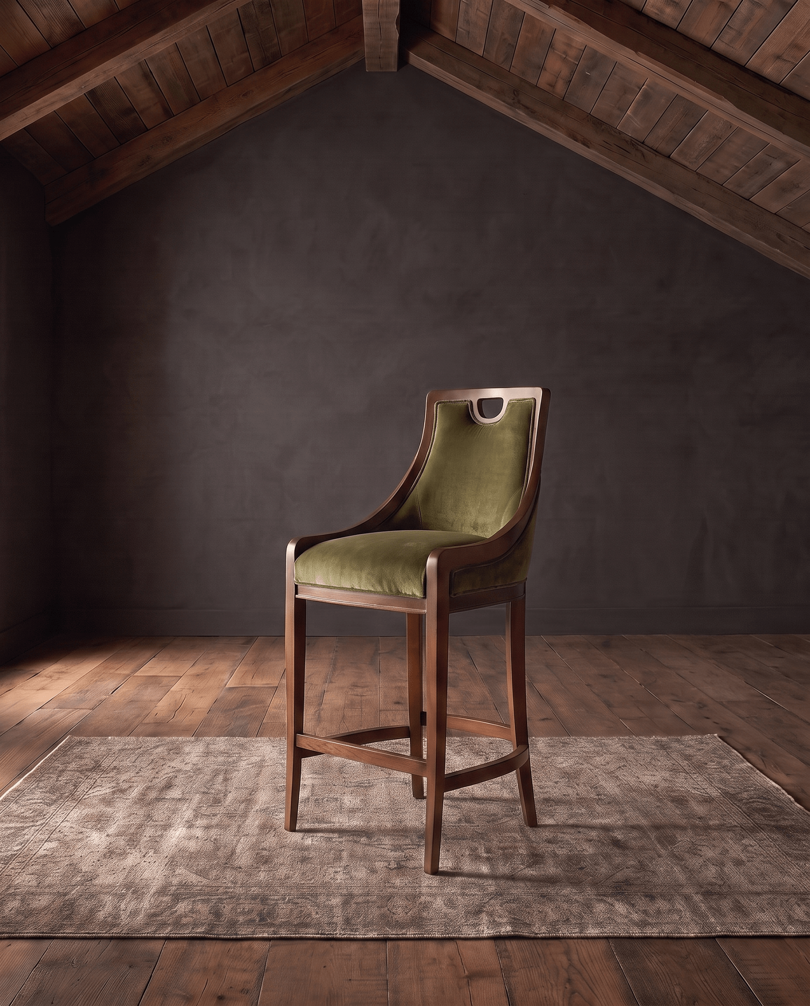 living room custom furniture modern mountain velvet bar stool Hello Norden - Rurik Bar Stool in Banks Eco-Performance Velvet in Olive, shown in a rustic modern room