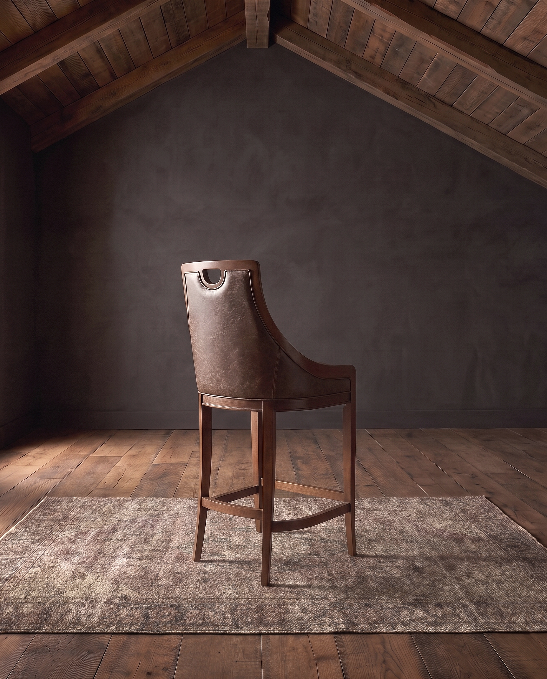 living room custom furniture modern mountain leather bar stool Hello Norden - Rurik Bar Stool in St Croix Holm Sweet Holm leather, shown in a rustic modern room