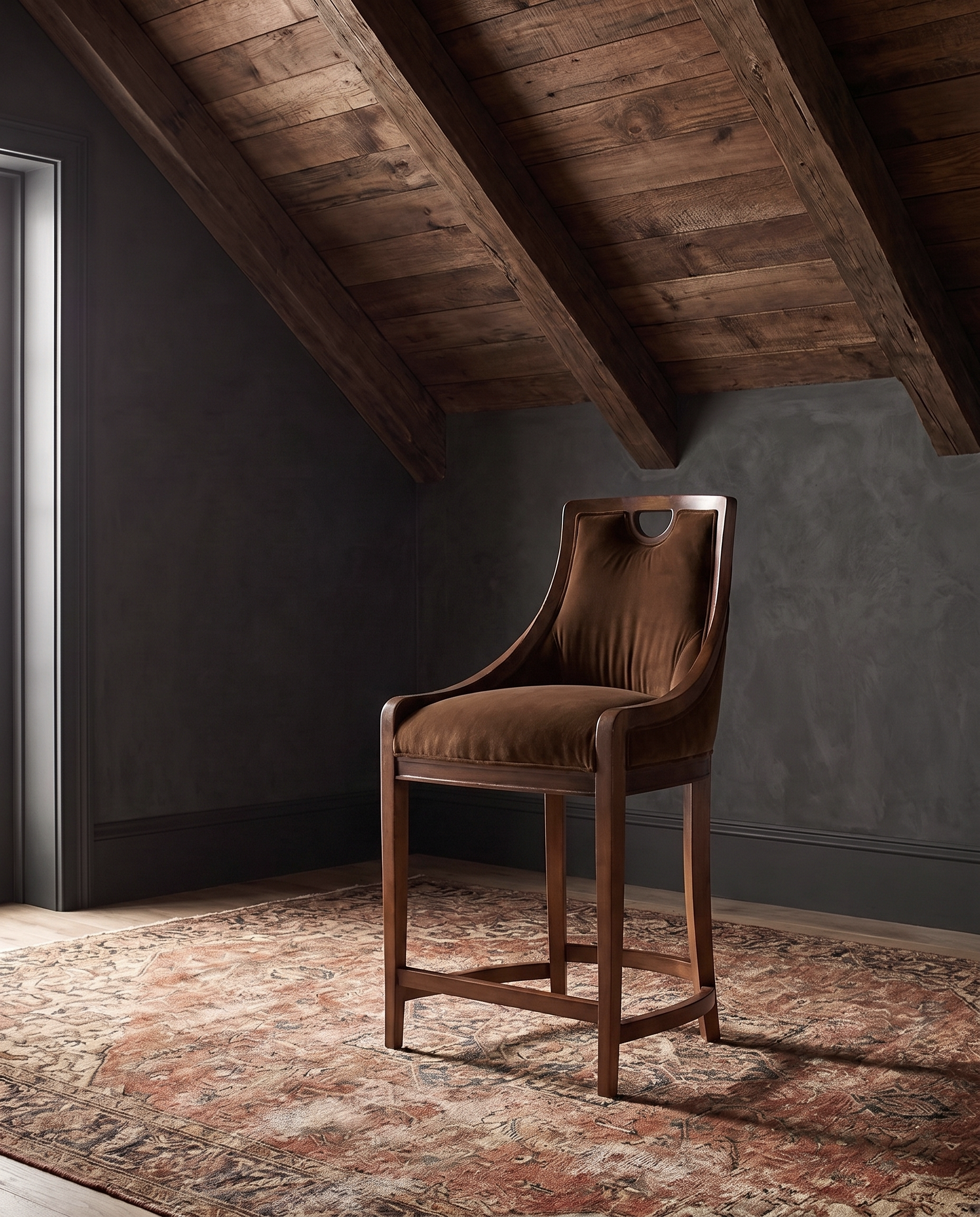 kitchen custom furniture modern mountain velvet counter stool Hello Norden - Rurik Counter Stool in Banks Eco-Performance Velvet in Cognac, shown in a rustic modern room