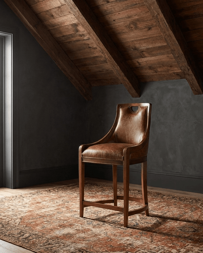 kitchen custom furniture modern mountain leather counter stool Hello Norden - Rurik Counter Stool in St Croix Holm Sweet Holm leather, shown in a rustic modern room