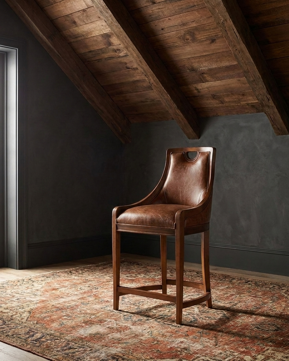 kitchen custom furniture modern mountain leather counter stool Hello Norden - Rurik Counter Stool in St Croix Holm Sweet Holm leather, shown in a rustic modern room