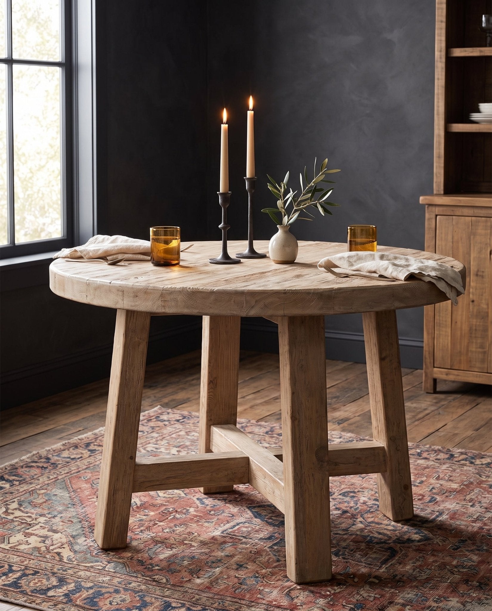 dining room furniture reclaimed wood modern mountain  dining table Hello Norden - Rurik Round Dining Table, styled in a modern rustic room
