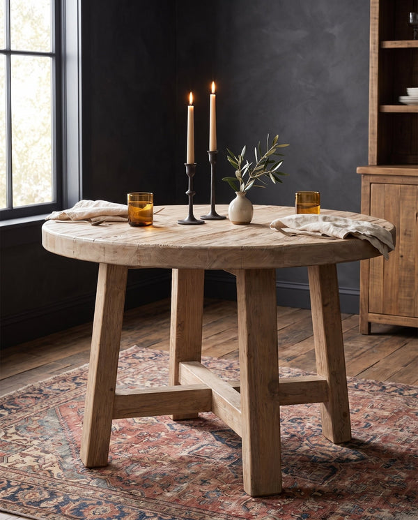 dining room furniture reclaimed wood modern mountain  dining table Hello Norden - Rurik Round Dining Table, styled in a modern rustic room