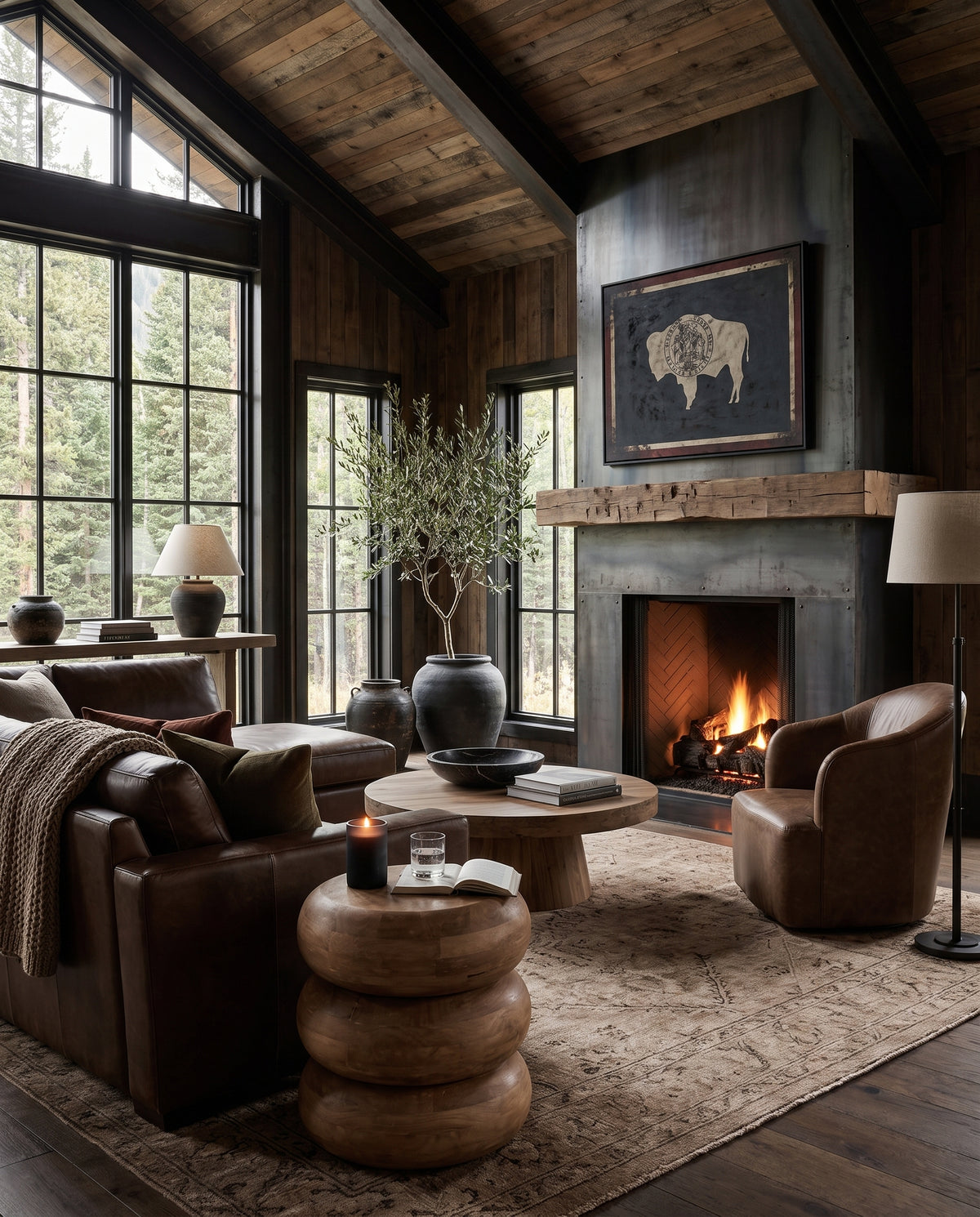 modern mountain Scottie Swivel Lounge Chair Hello Norden, shown in a rustic modern room