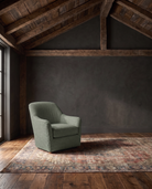 living room custom furniture modern mountain linen chair Hello Norden - Signe Lounge Chair in Palmer Eco-Performance Linen in Jade, shown in a rustic modern room