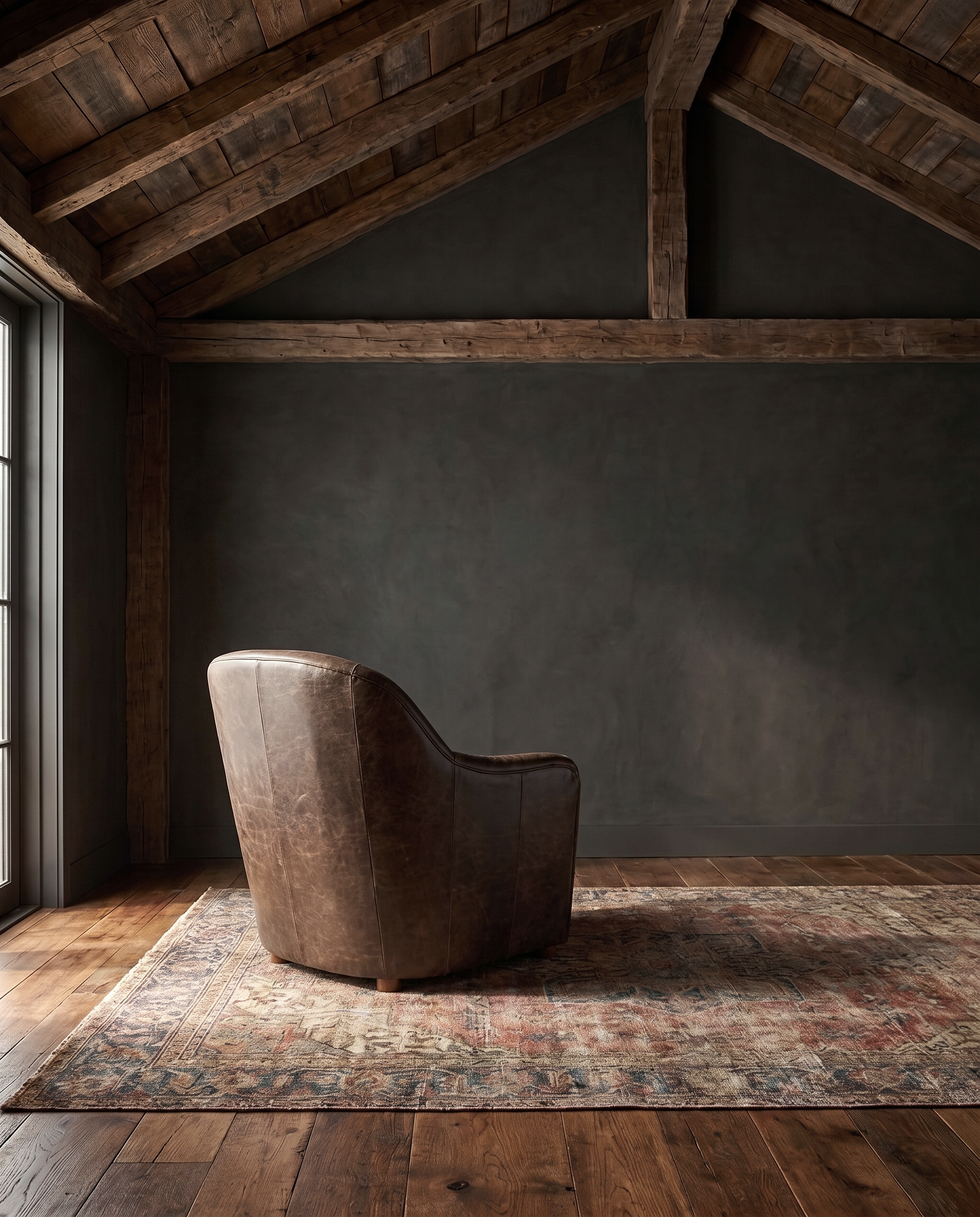 living room custom furniture modern mountain leather chair Hello Norden - Signe Lounge Chair in St Croix Holm Sweet Holm leather, shown in a rustic modern room