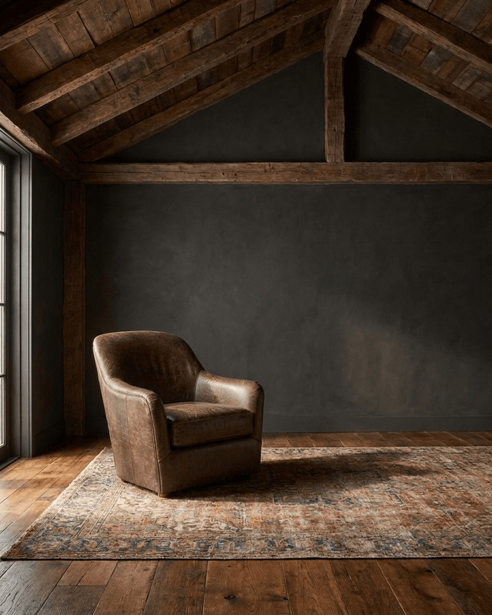 living room custom furniture modern mountain leather chair Hello Norden - Signe Lounge Chair in St Croix Holm Sweet Holm leather, shown in a rustic modern room