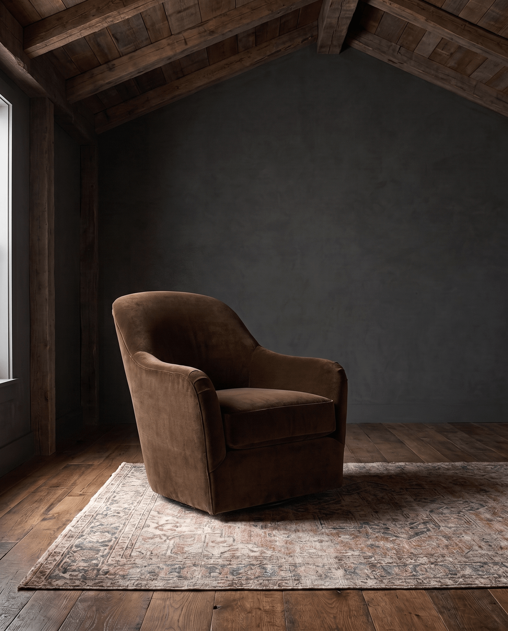 living room custom furniture modern mountain velvet chair Hello Norden - Signe Swivel Chair in Banks Eco-Performance Velvet in Cognac, shown in a rustic modern room
