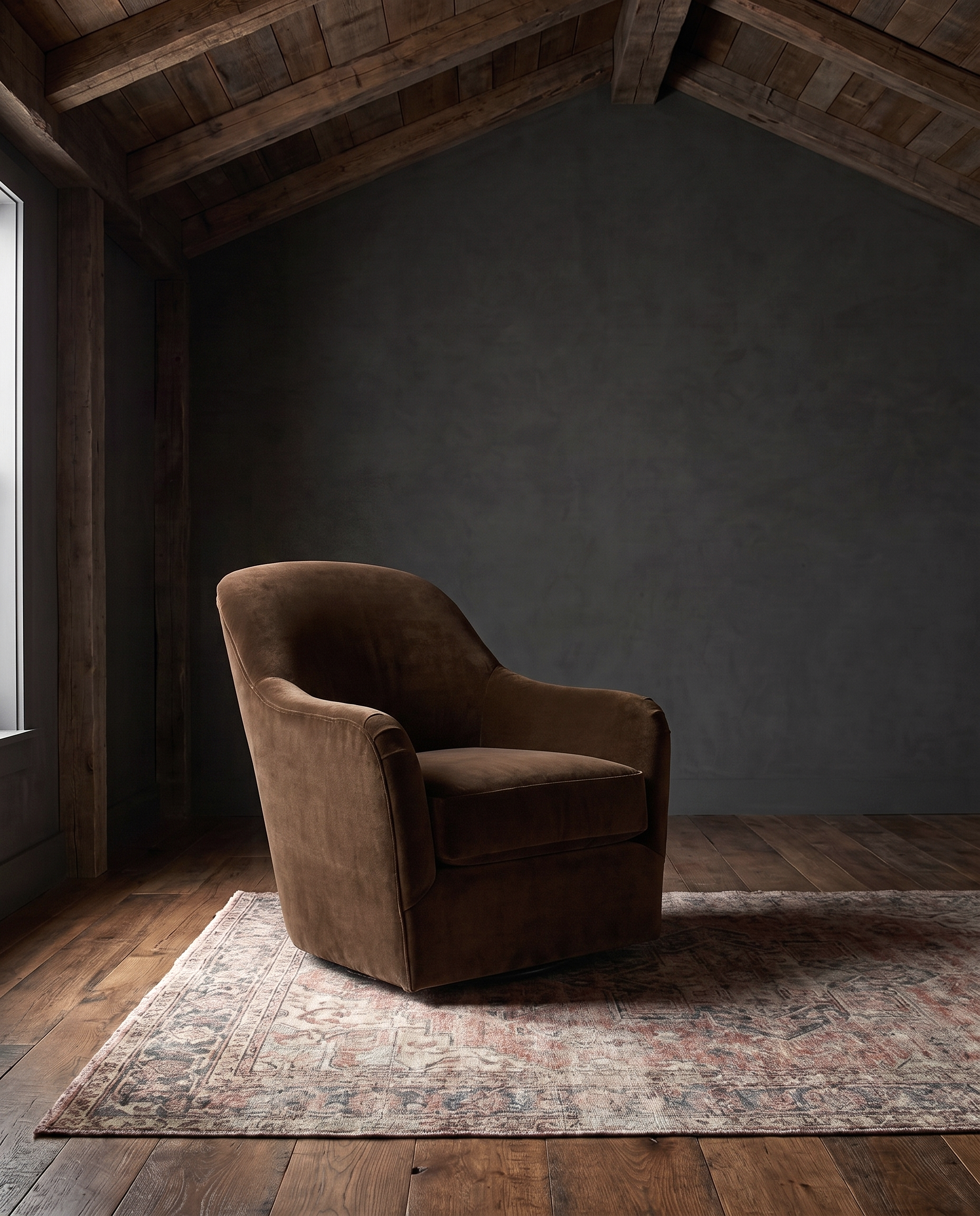 living room custom furniture modern mountain velvet chair Hello Norden - Signe Swivel Chair in Banks Eco-Performance Velvet in Cognac, shown in a rustic modern room