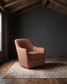 living room custom furniture modern mountain linen chair Hello Norden - Signe Swivel Chair in Palmer Eco-Performance Linen in Salmon, shown in a rustic modern room
