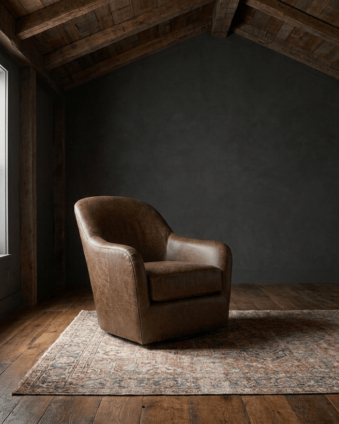 living room custom furniture modern mountain leather chair Hello Norden - Signe Swivel Chair in St Croix Holm Sweet Holm leather, shown in a rustic modern room
