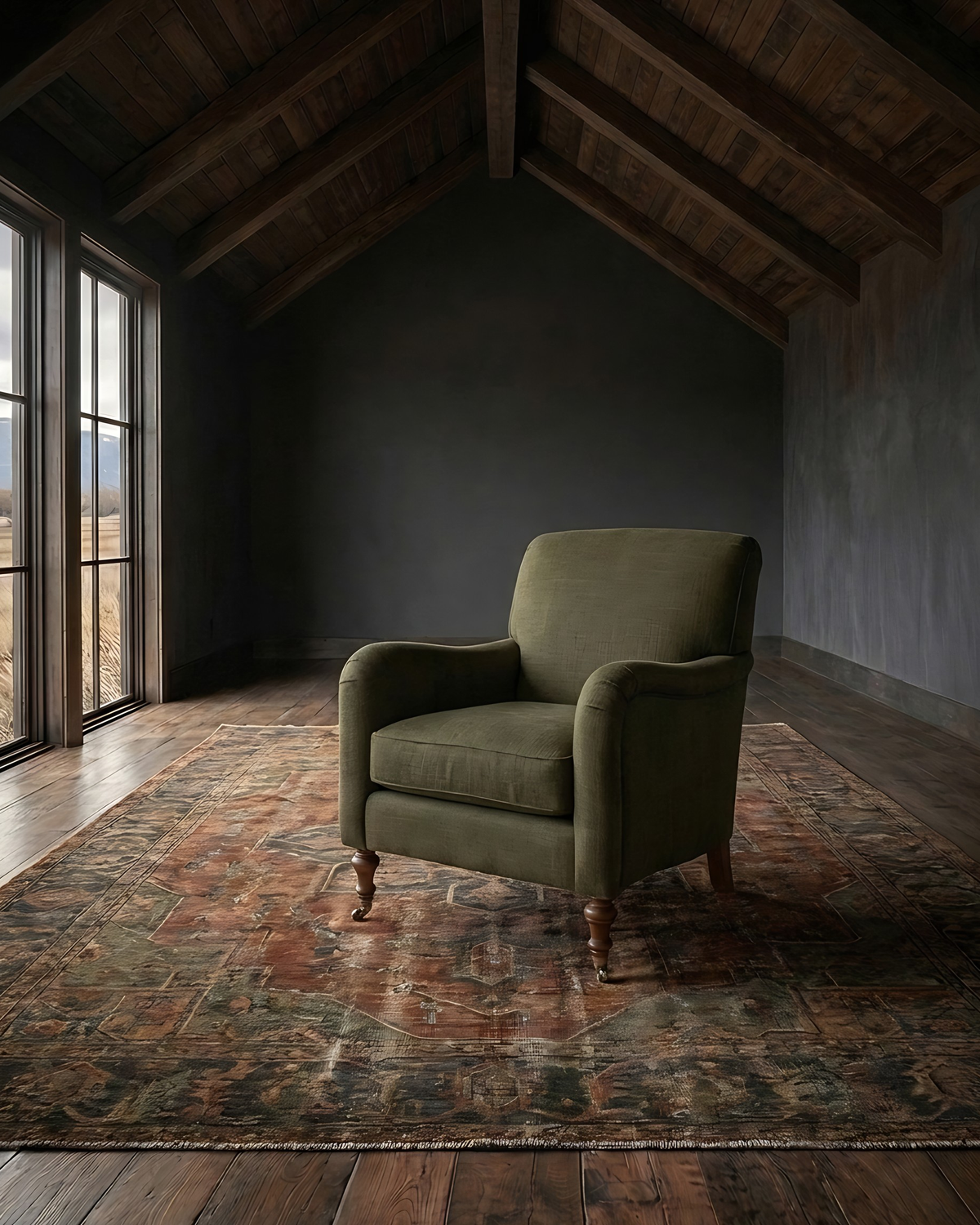 living room custom furniture modern mountain linen chair Hello Norden - Simen Lounge Chair in our Eco-Performance Linen in Loden, shown in a rustic modern room