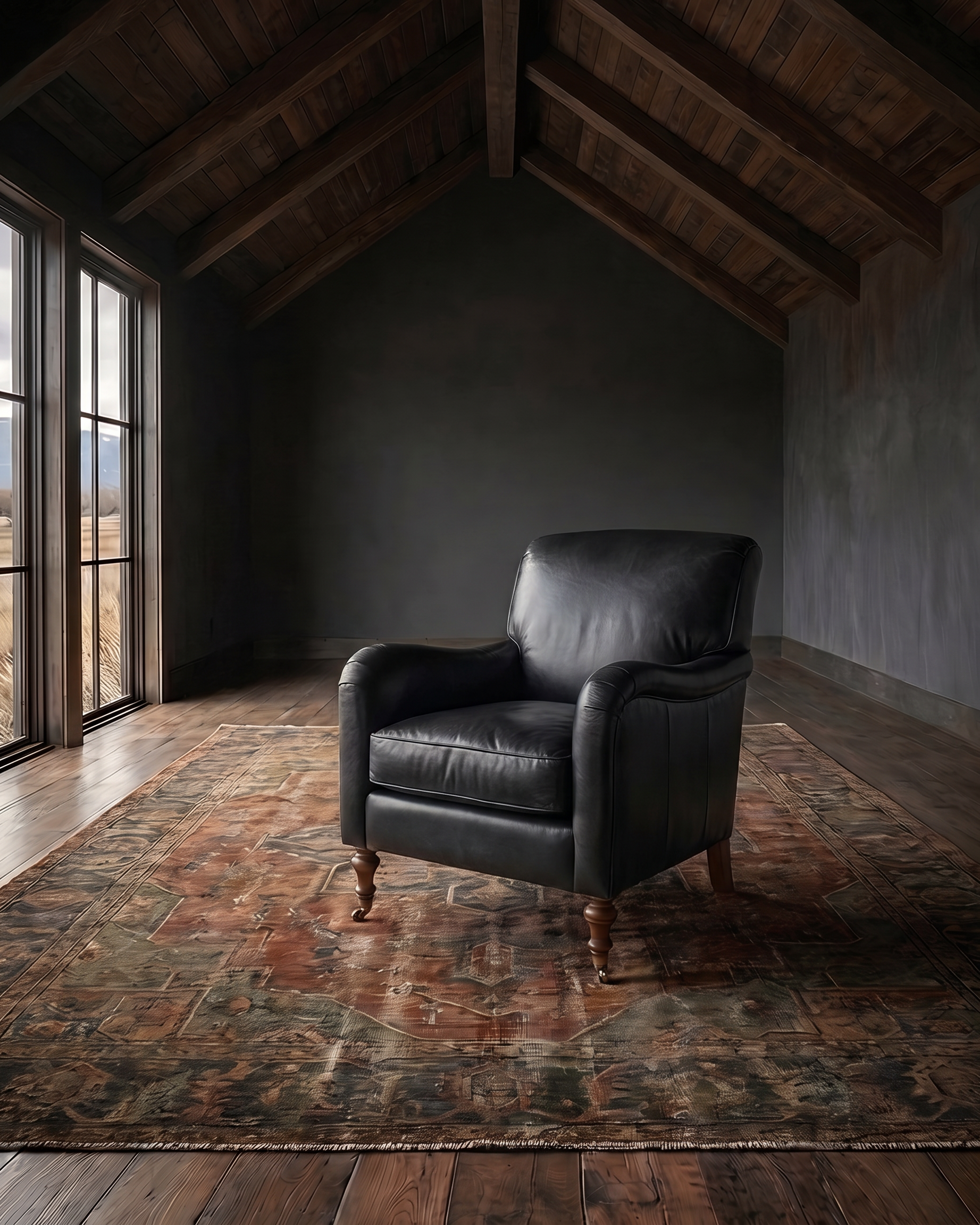 living room custom furniture modern mountain leather chair Hello Norden - Simen Lounge Chair in Road Warrior Safety Zone leather, shown in a rustic modern room