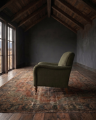 living room custom furniture modern mountain linen chair Hello Norden - Simen Lounge Chair in our Eco-Performance Linen in Loden, shown in a rustic modern room