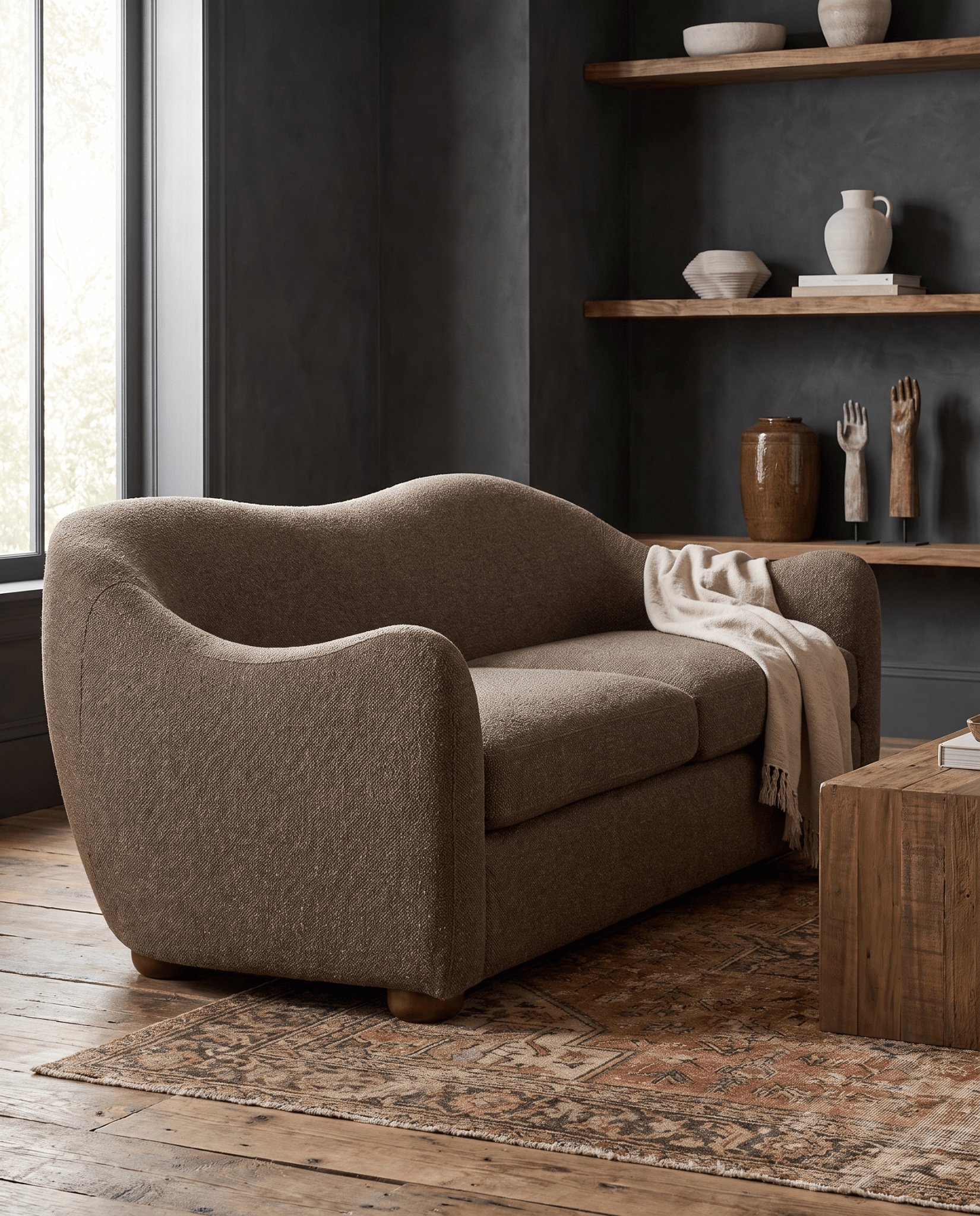 living room furniture modern mountain sofa Hello Norden - Snorri Sofa, styled in a modern rustic room