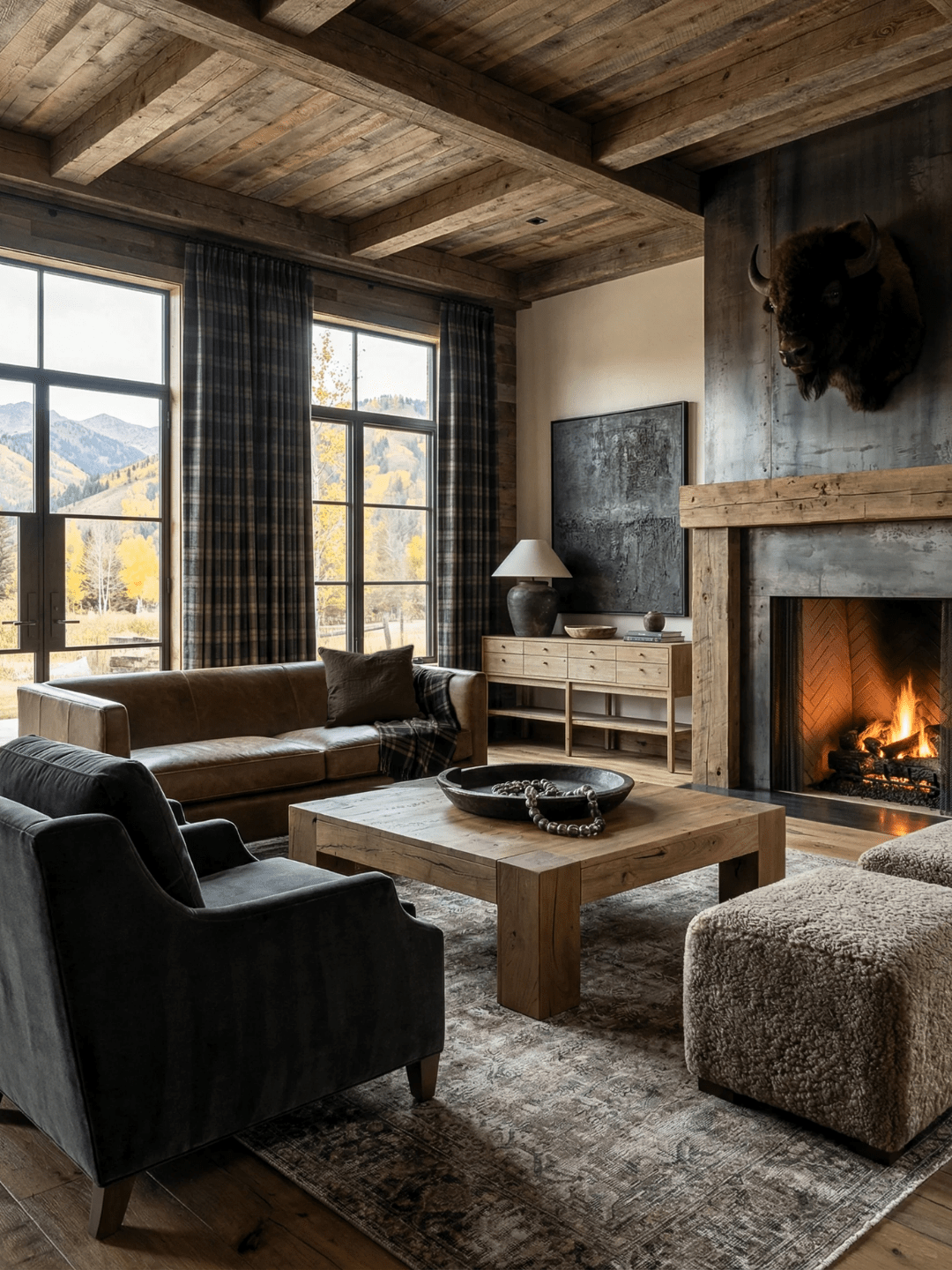 Cozy living room with wooden furniture, fireplace, and large windows.