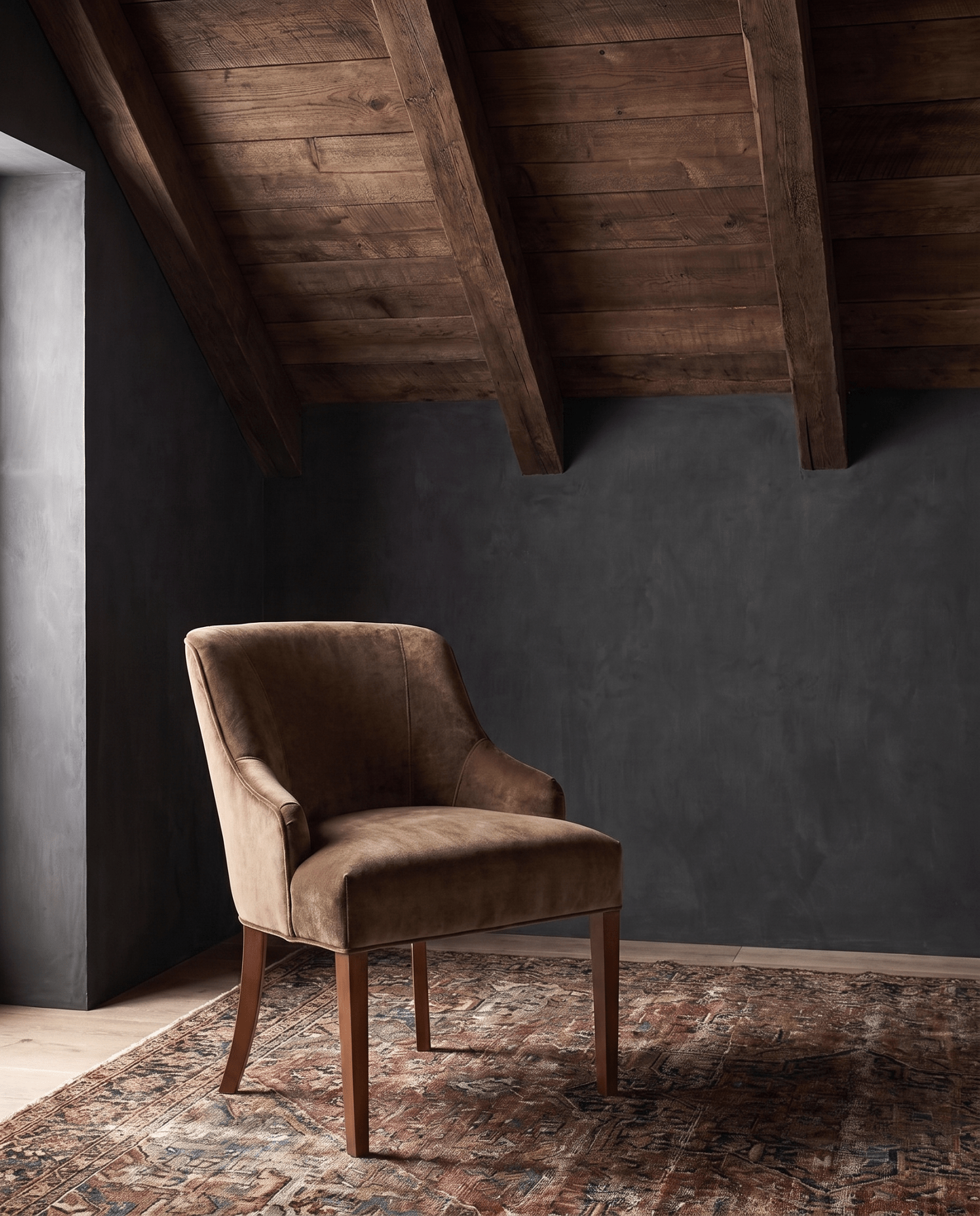 dining room custom furniture modern mountain velvet dining chair Hello Norden - Soren Dining Chair in Banks Eco-Performance Velvet in Toffee, shown in a rustic modern room
