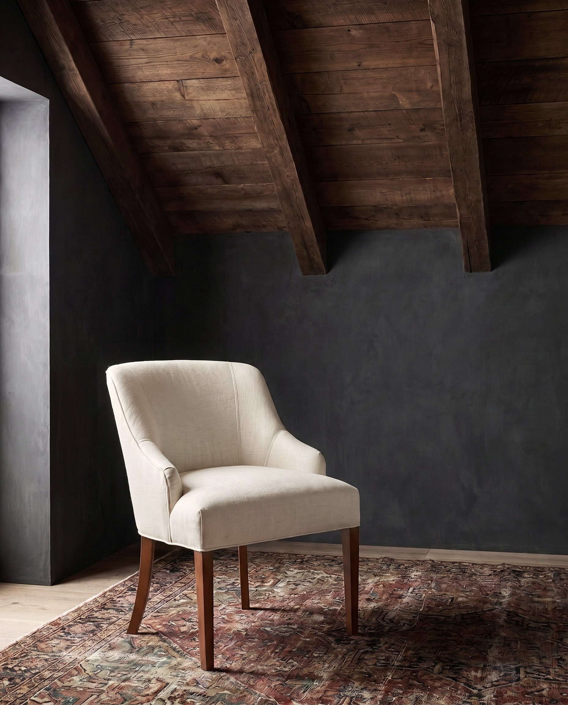 dining room custom furniture modern mountain linen dining chair Hello Norden - Soren Dining Chair in Palmer Eco-Performance Linen in Ivory, shown in a rustic modern room