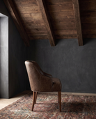 dining room custom furniture modern mountain leather dining chair Hello Norden - Soren Dining Chair in St Croix Holm Sweet Holm leather, shown in a rustic modern room