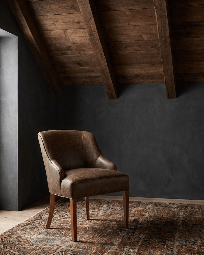 dining room custom furniture modern mountain leather dining chair Hello Norden - Soren Dining Chair in St Croix Holm Sweet Holm leather, shown in a rustic modern room
