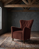 living room custom furniture modern mountain velvet chair Hello Norden - Soren Wing Chair in Banks Eco-Performance Velvet in Cabernet, shown in a rustic modern room
