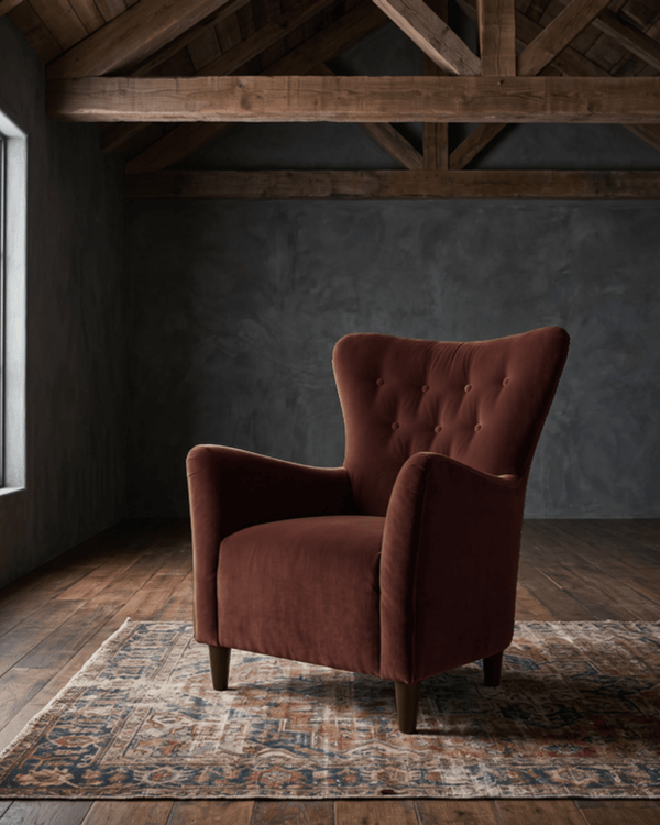 living room custom furniture modern mountain velvet chair Hello Norden - Soren Wing Chair in Banks Eco-Performance Velvet in Cabernet, shown in a rustic modern room