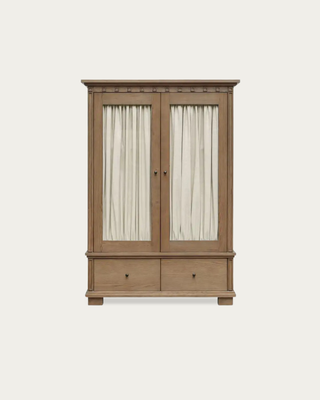 Olav Tall Cabinet - Cabinets & Storage - Hello Norden Modern Mountain Farmhouse cabinet with curtains behind the glass