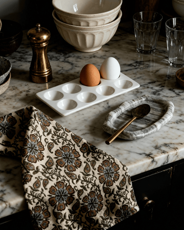 Block print dish towel India dark moody floral Kitchen Hello Norden