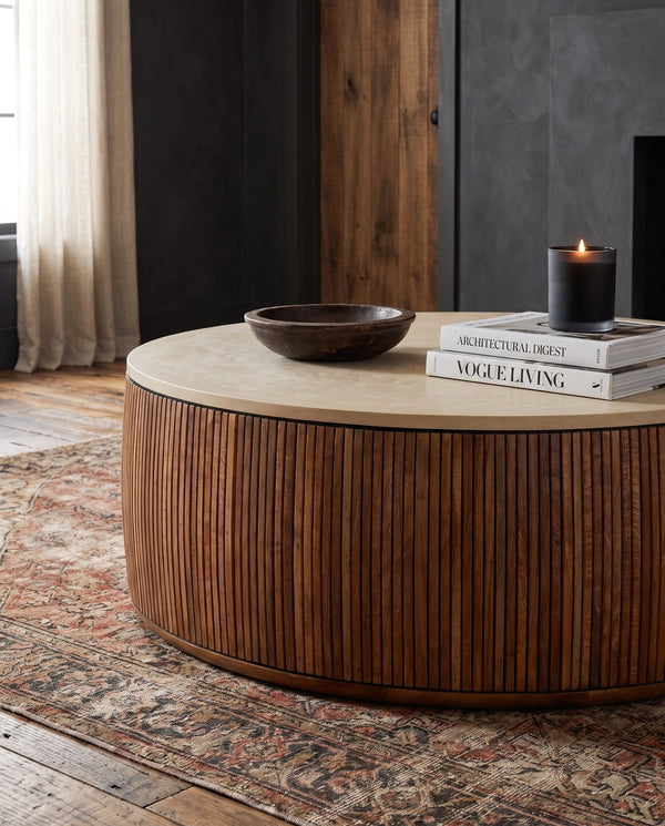 living room furniture modern mountain micro cement and teak wood coffee table Hello Norden - Ottar Coffee Table, styled in a modern rustic room