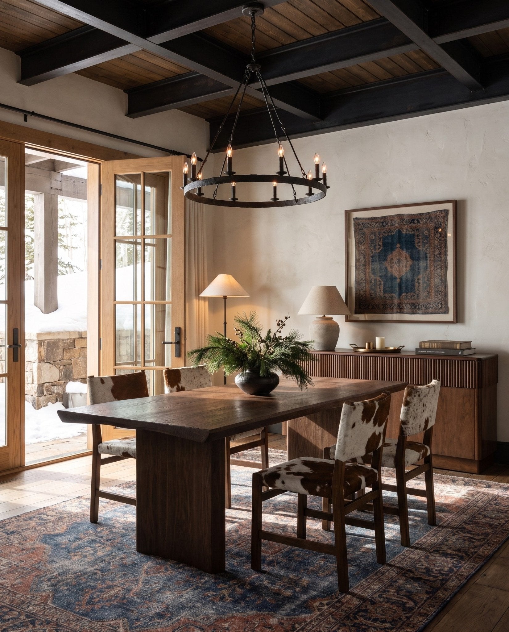 Thomas Dining Chairs Hello Norden around a wood dining table in a modern mountain dining room