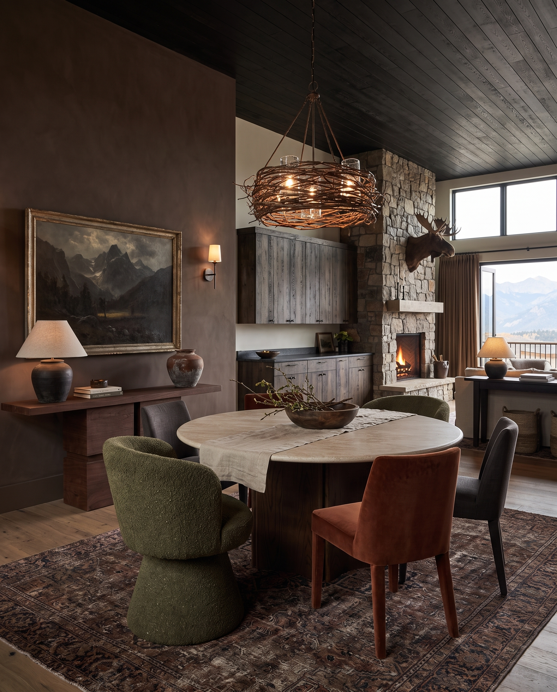 dining room furniture modern mountain dining table Hello Norden - Torvald Round Dining Table, styled in a modern rustic room