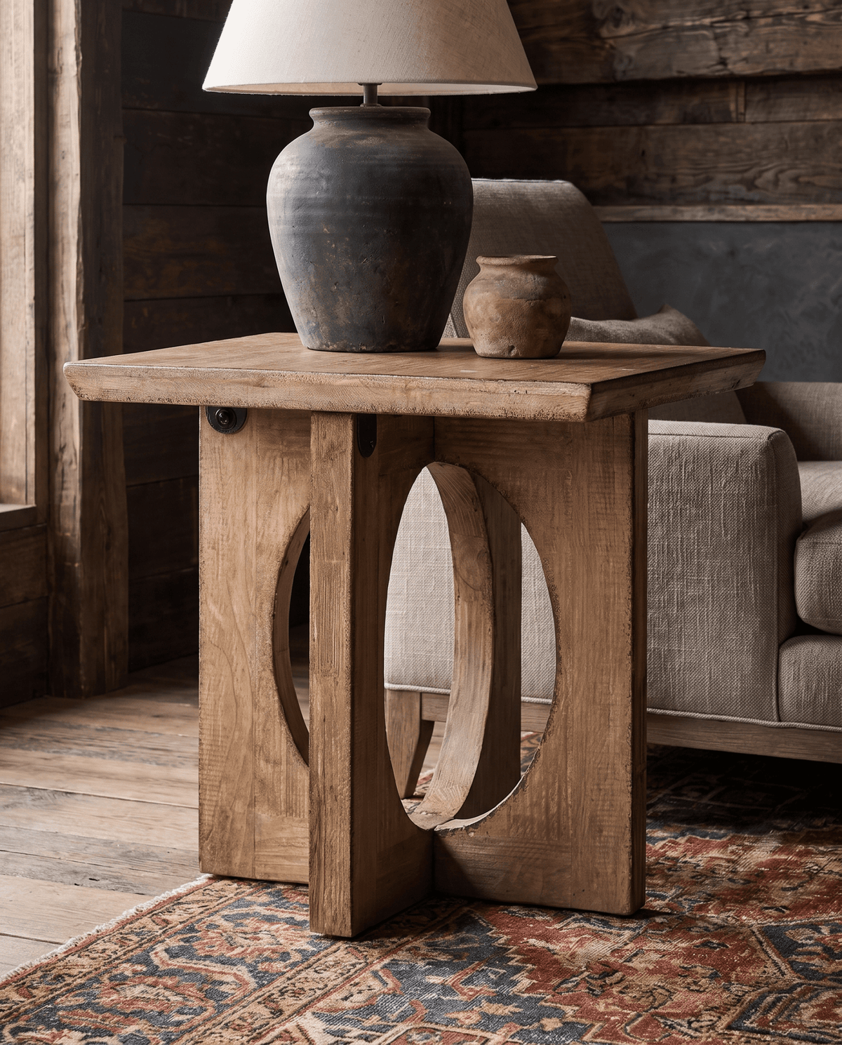 living room furniture modern mountain side table Hello Norden - Trym Side Table, styled in a modern rustic room